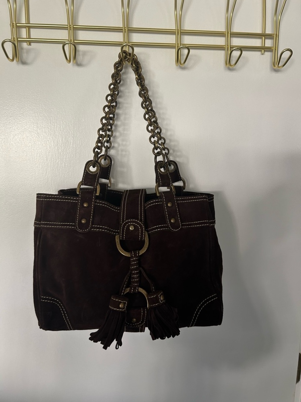 Dark Brown Genuine Suede Shoulder Tote with Chain Handles.  Quality bag.